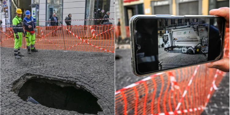 Napoli, voragine al Vomero: camion dei rifiuti inghiottito dalla strada