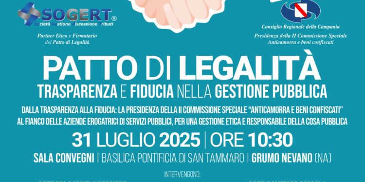 Regione Campania, convegno “Patto di legalità: trasparenza e fiducia nella gestione pubblica” il 31/07 a Grumo Nevano