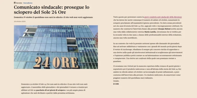 Sciopero Sole 24 Ore: la redazione protesta contro l’intervista a Giorgia Meloni affidata a collaboratrice esterna