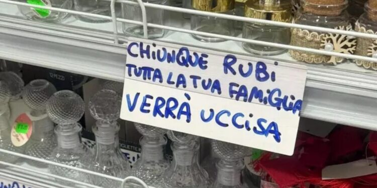 «Chiunque rubi, tutta la tua famiglia verrà uccisa»: minacce choc sugli scaffali di un negozio nel napoletano